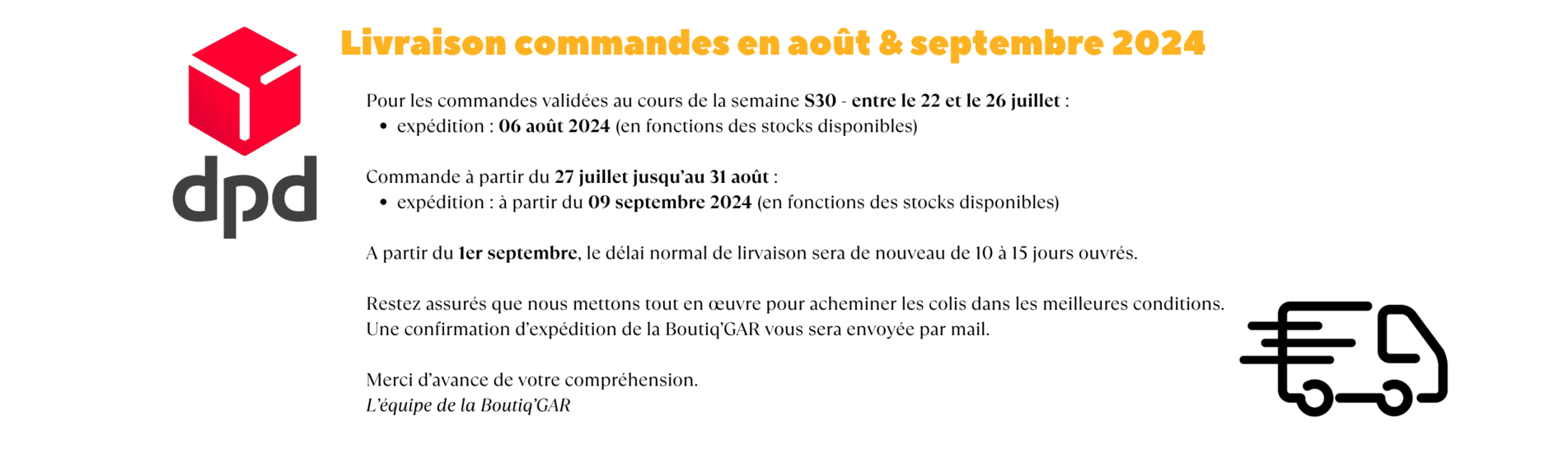 LIVRAISON AOUT SEPTEMBRE 2024